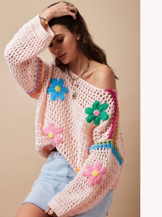 ADORA Sweaters - Adora Blossom Pink Crochet Floral Applique' Sweater Size M